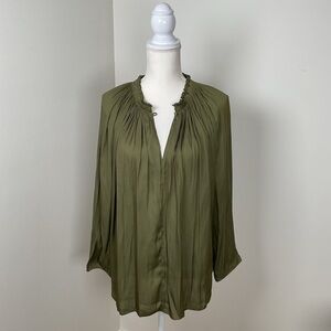 Halston Heritage Olive Green Long-Sleeve Silk Blouse